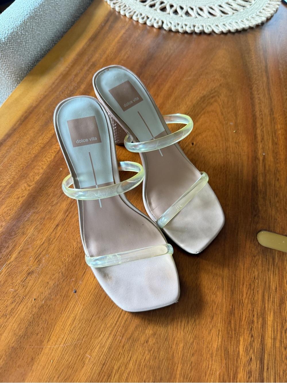 Dolce Vita Iridescent-Strap Beige Square-Toe Slide Heels